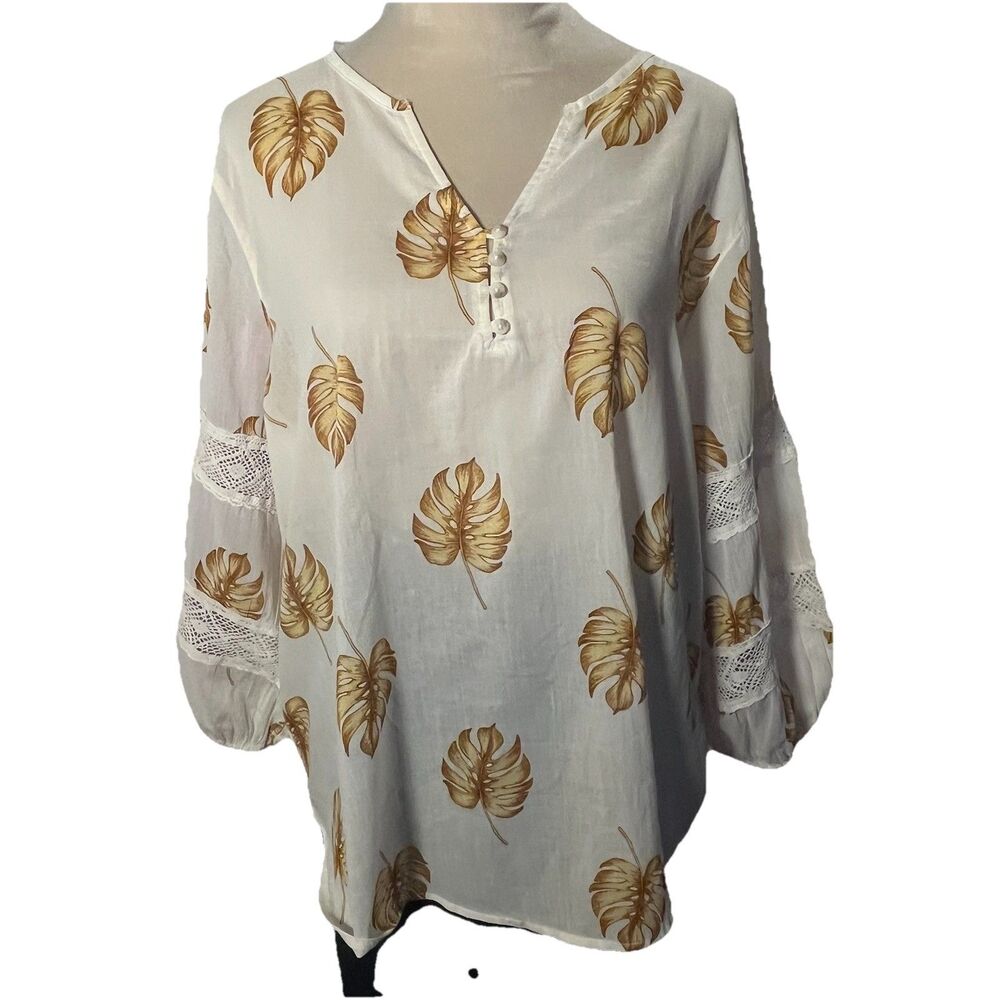 Liz Claiborne Women's Blouse Sleeves  W/Lace inserts Leaf Design Brown Tan XL